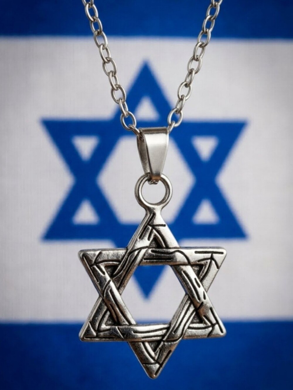 UNISEX UNIQUE SILVER ETCHED SILVER STAR OF DAVID 24" XTRA LONG CHAIN